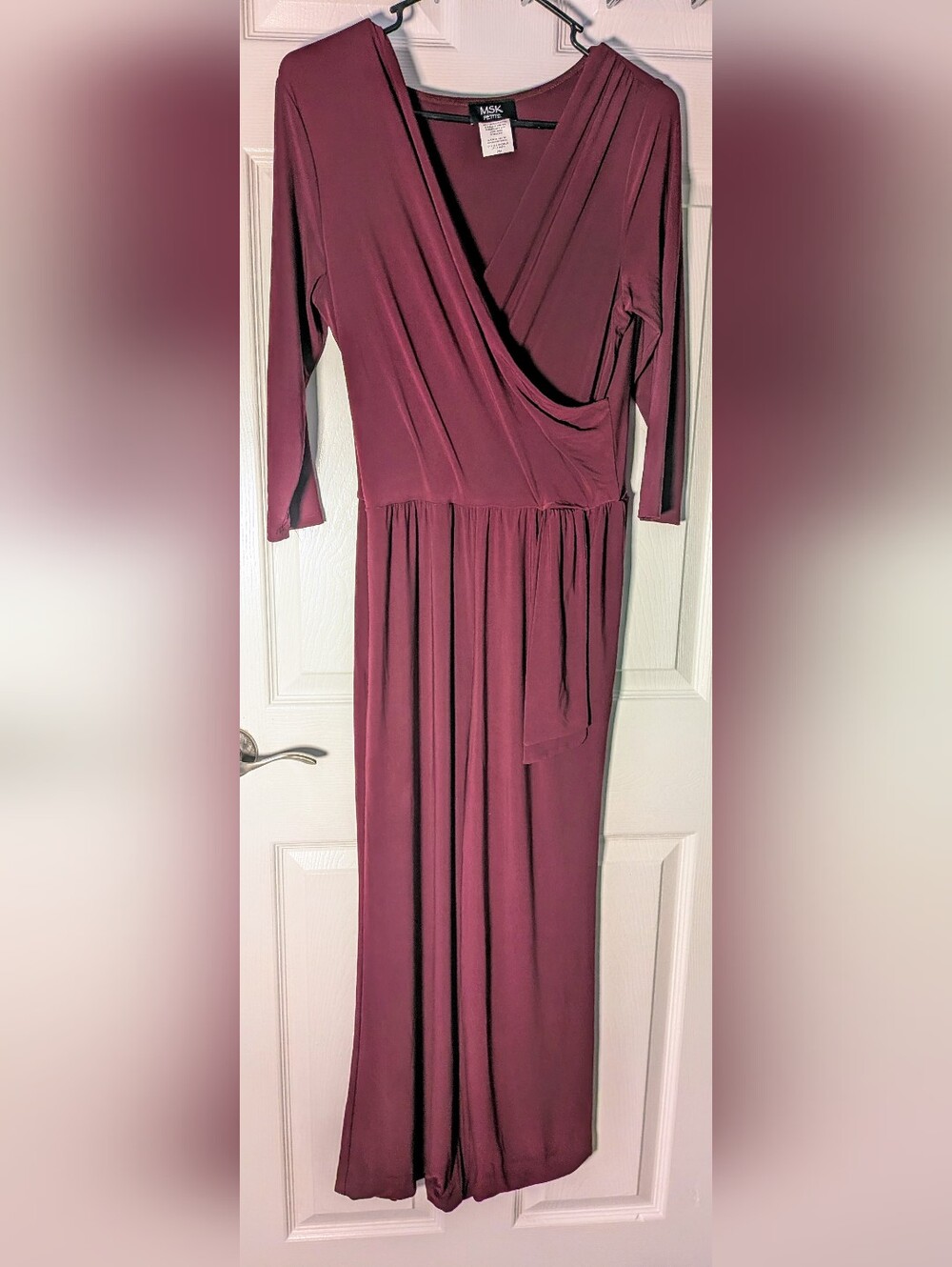 MSK Size Petite Medium Burgundy Faux-Wrap Wide-Leg Jumpsuit 3/4-length Sleeves